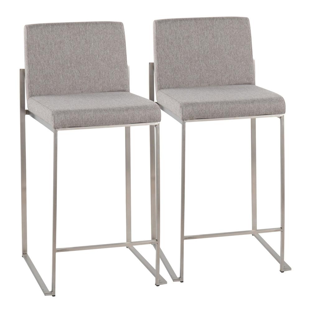 Stainless Steel, Grey Fabric Fuji High Back Counter Stool - Set of 2