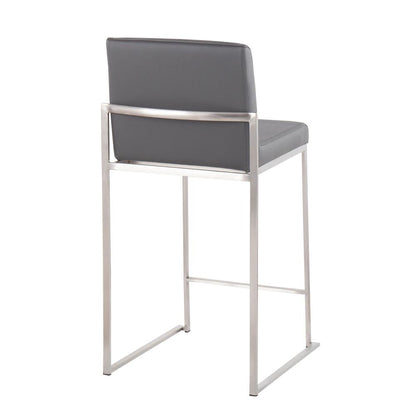 Stainless Steel, Grey PU Fuji High Back Counter Stool - Set of 2