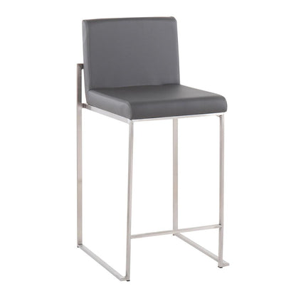 Stainless Steel, Grey PU Fuji High Back Counter Stool - Set of 2