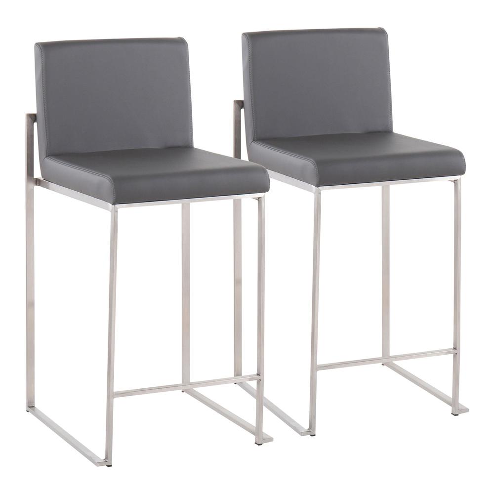 Stainless Steel, Grey PU Fuji High Back Counter Stool - Set of 2