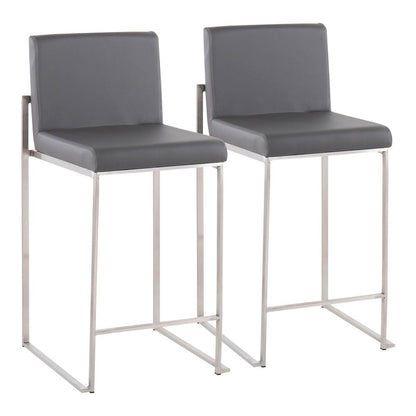 Stainless Steel, Grey PU Fuji High Back Counter Stool - Set of 2
