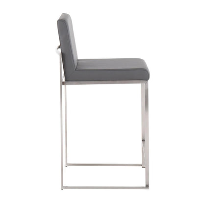 Stainless Steel, Grey PU Fuji High Back Counter Stool - Set of 2