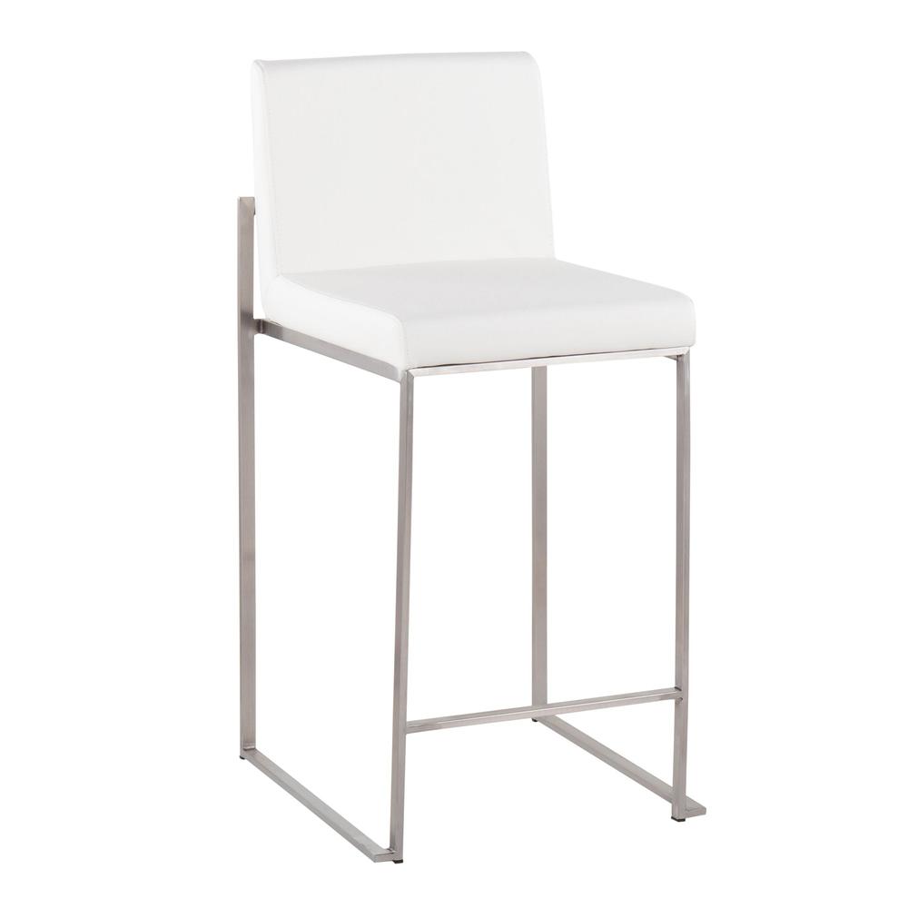 Stainless Steel, White PU Fuji High Back Counter Stool - Set of 2