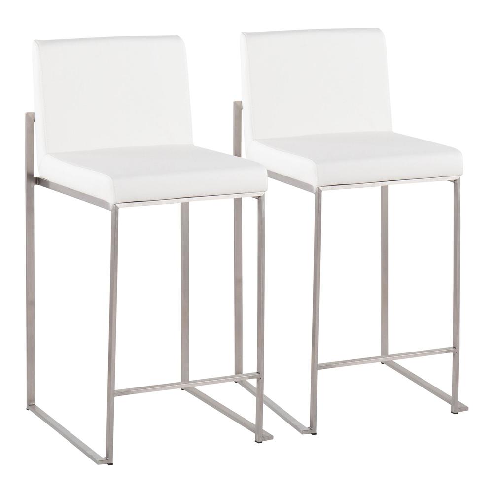 Stainless Steel, White PU Fuji High Back Counter Stool - Set of 2