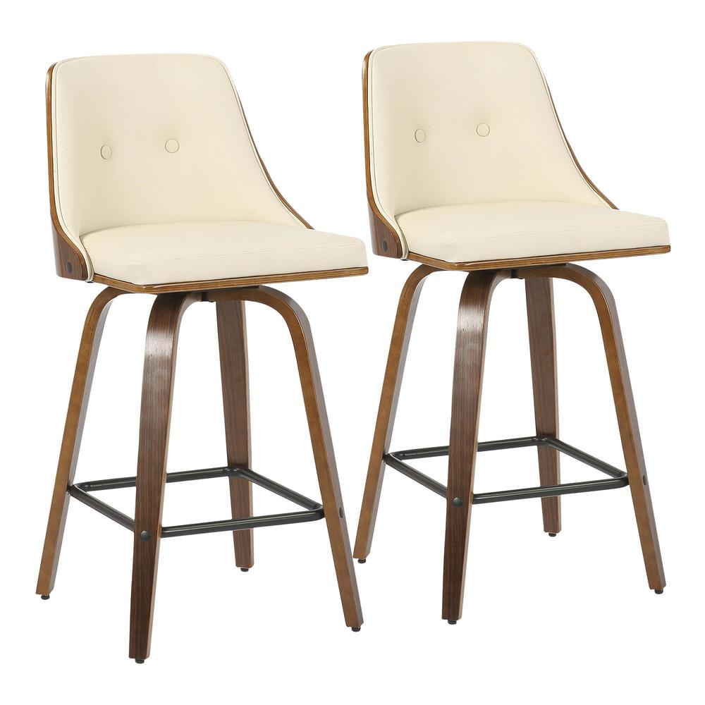 Walnut Wood, Cream PU, Black Metal Gianna Counter Stool - Set of 2