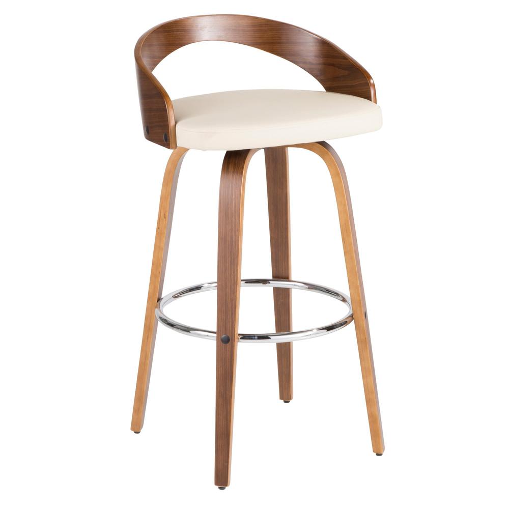 Walnut Wood, Cream Pu, Chrome Grotto Barstool - Set of 2
