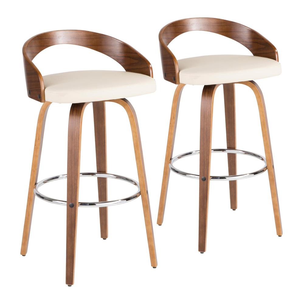 Walnut Wood, Cream Pu, Chrome Grotto Barstool - Set of 2