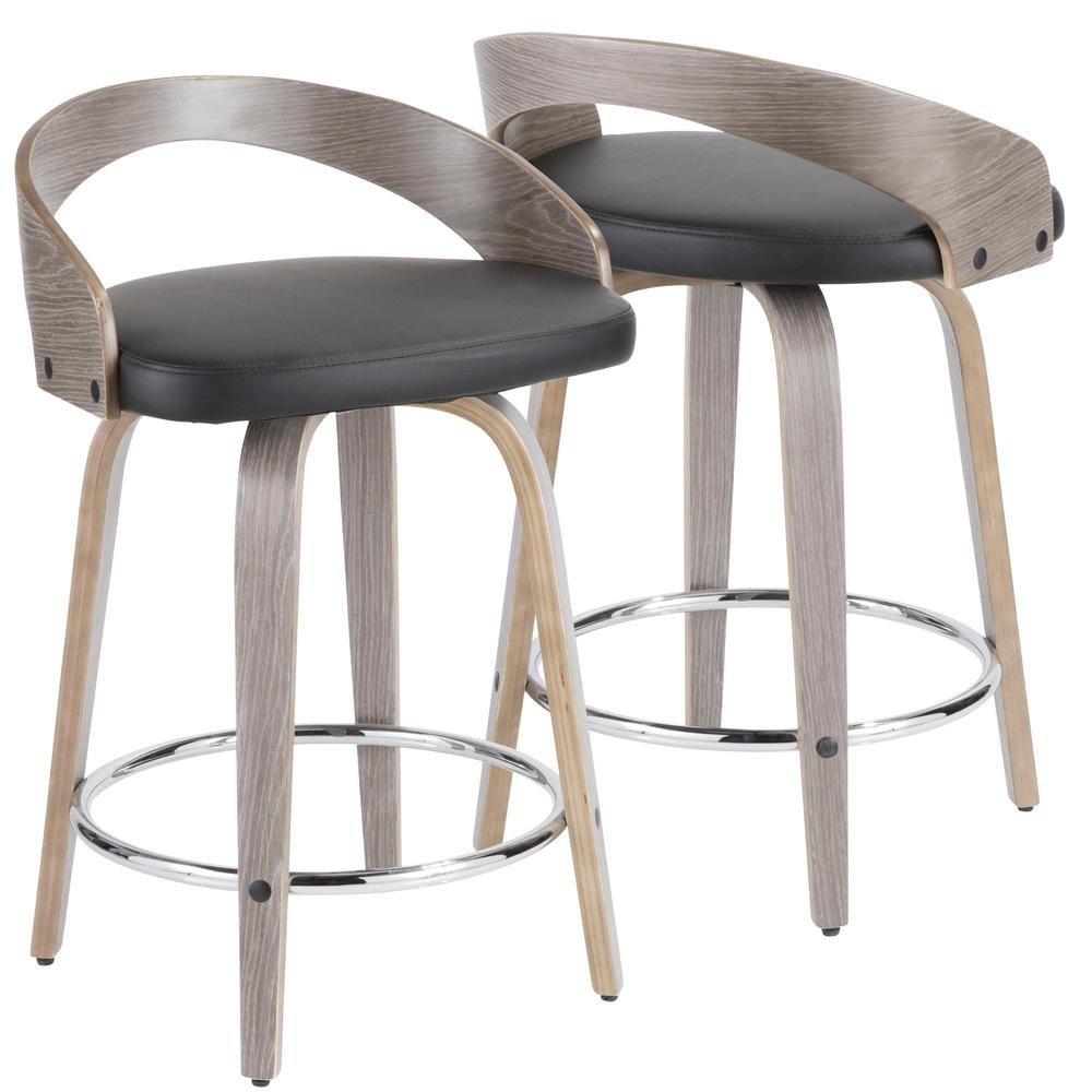 Light Grey Wood, Black PU, Chrome Grotto Counter Stool - Set of 2