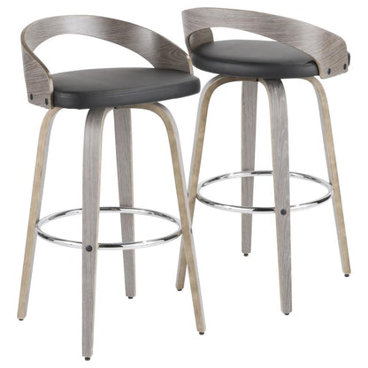 Light Grey Wood, Black PU, Chrome Grotto 30" Fixed Height Barstool - Set of 2
