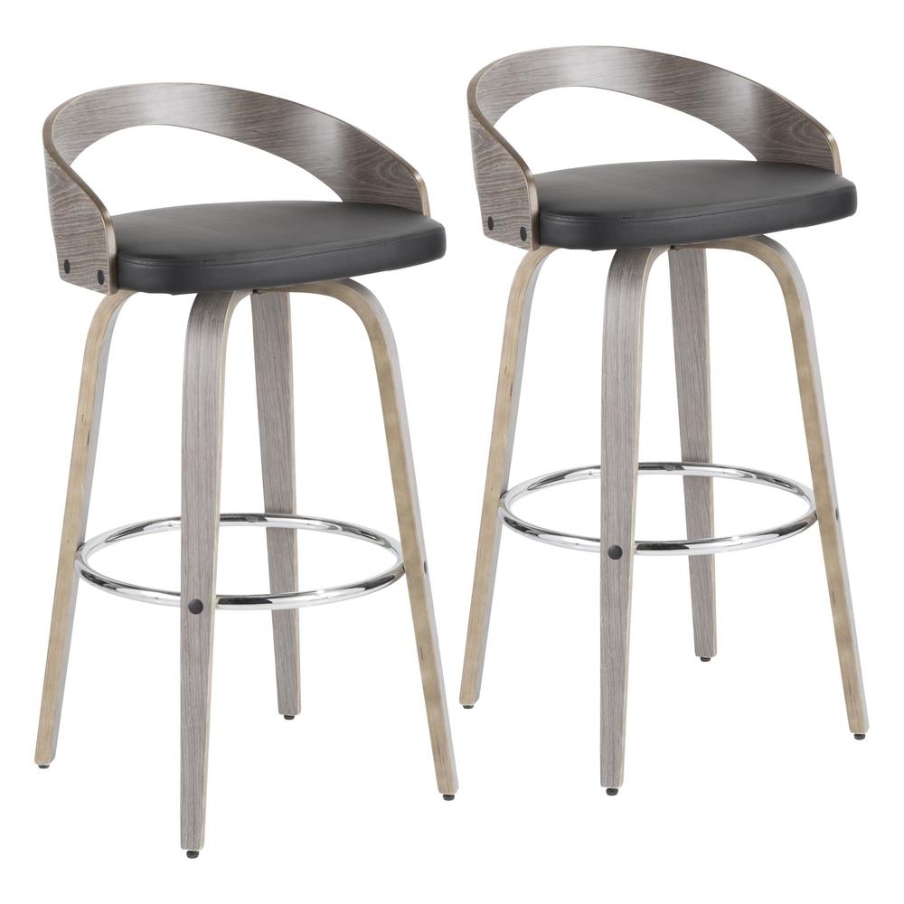 Light Grey Wood, Black PU, Chrome Grotto 30" Fixed Height Barstool - Set of 2