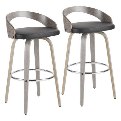 Light Grey Wood, Black PU, Chrome Grotto 30" Fixed Height Barstool - Set of 2