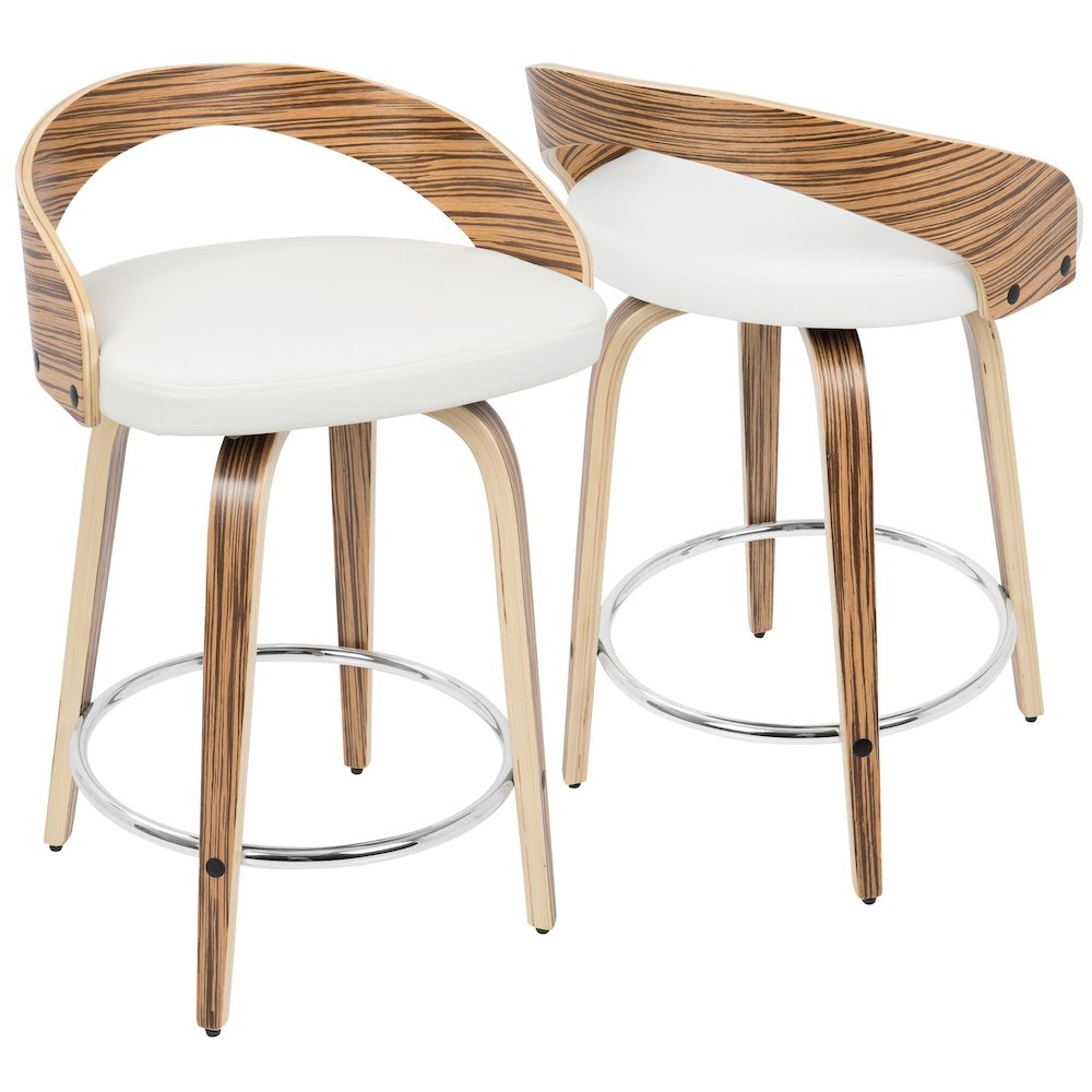 Zebra Wood, White PU, Chrome Grotto 25" Counter Stool - Set of 2