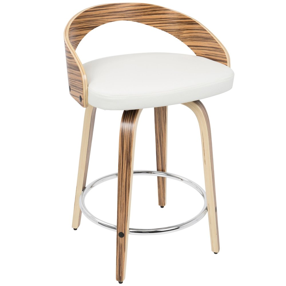 Zebra Wood, White PU, Chrome Grotto 25" Counter Stool - Set of 2