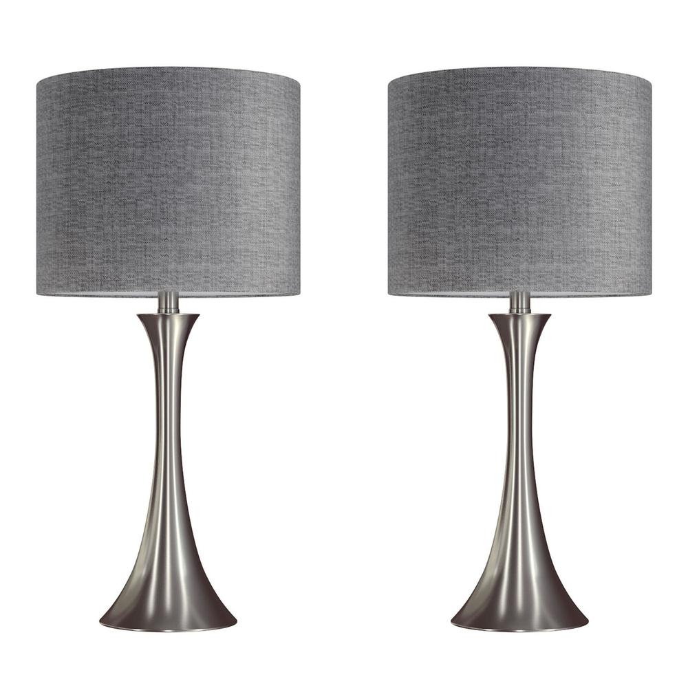 Brushed Nickel, Grey Linen Lenuxe 24" Metal Table Lamp - Set of 2