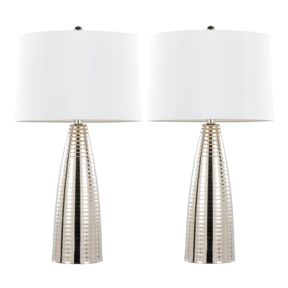 Polished Nickel, White Linen Maya 27" Metal Table Lamp - Set of 2