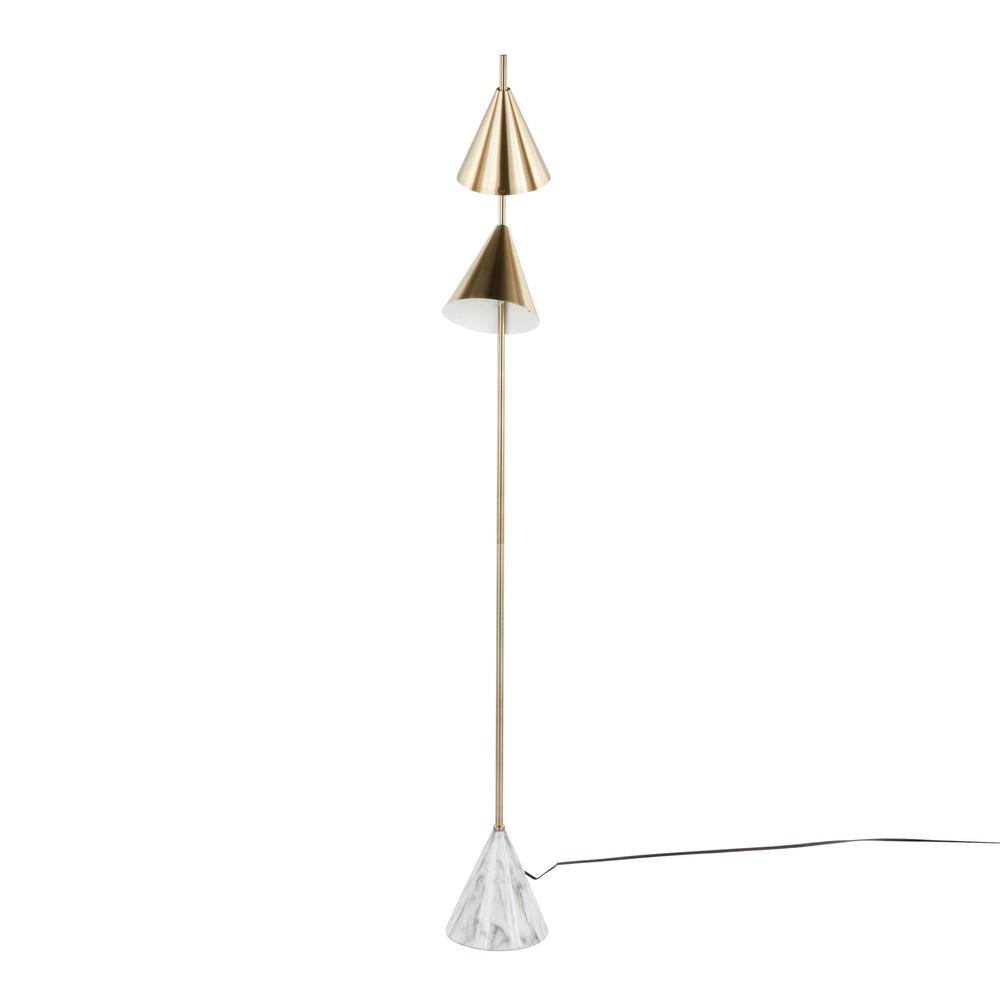 Gold Metal, White Faux Marble Cone 65" Metal Floor Lamp