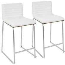 Mara 26" Contemporary Counter Stool in Brushed Stainless Steel, Walnut Wood, and White Faux Leather - Set of 2