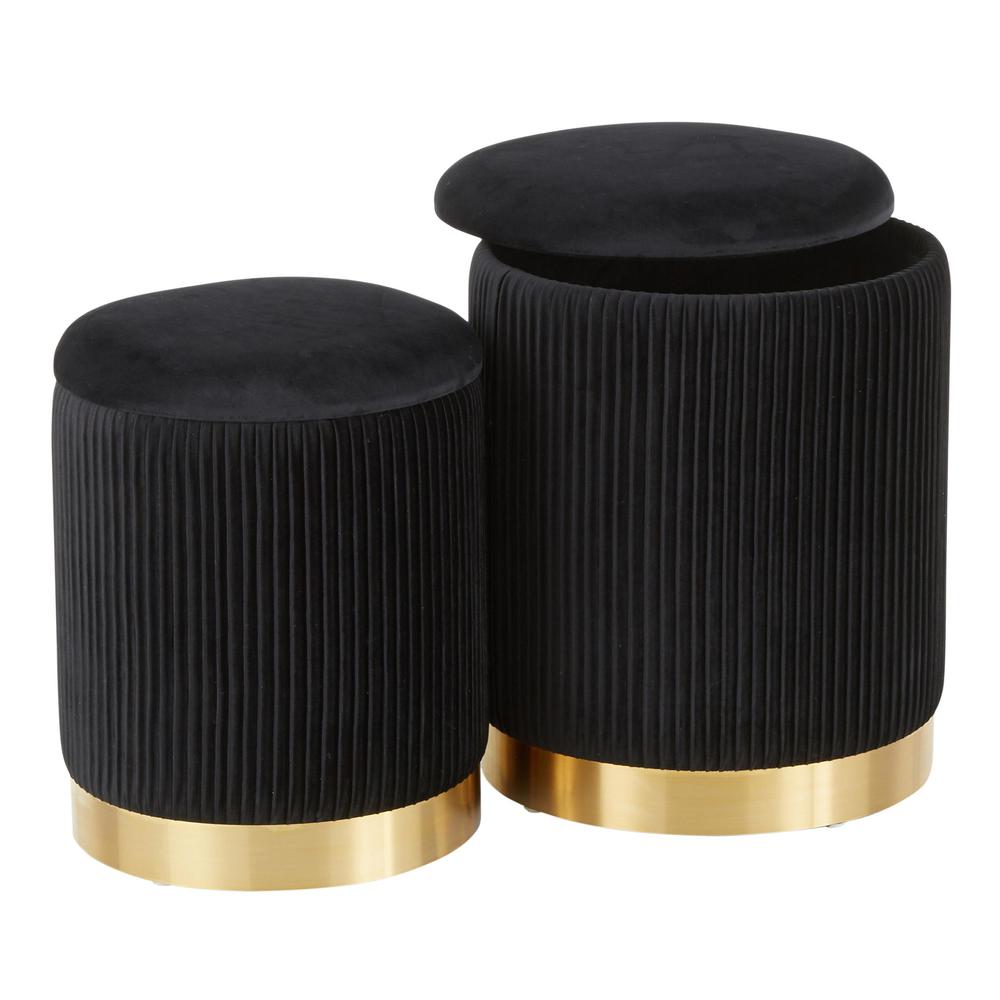 Gold Metal, Black Velvet Marla Nesting Pleated Ottoman Set