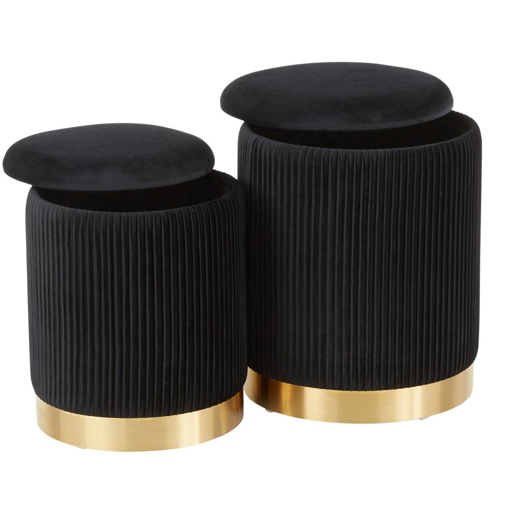 Gold Metal, Black Velvet Marla Nesting Pleated Ottoman Set