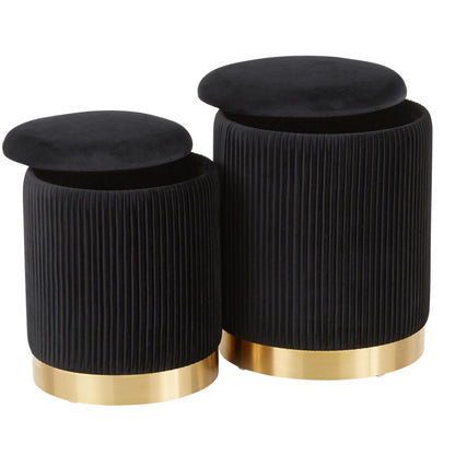 Gold Metal, Black Velvet Marla Nesting Pleated Ottoman Set