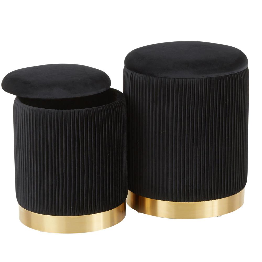 Gold Metal, Black Velvet Marla Nesting Pleated Ottoman Set