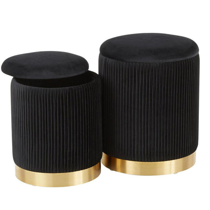 Gold Metal, Black Velvet Marla Nesting Pleated Ottoman Set