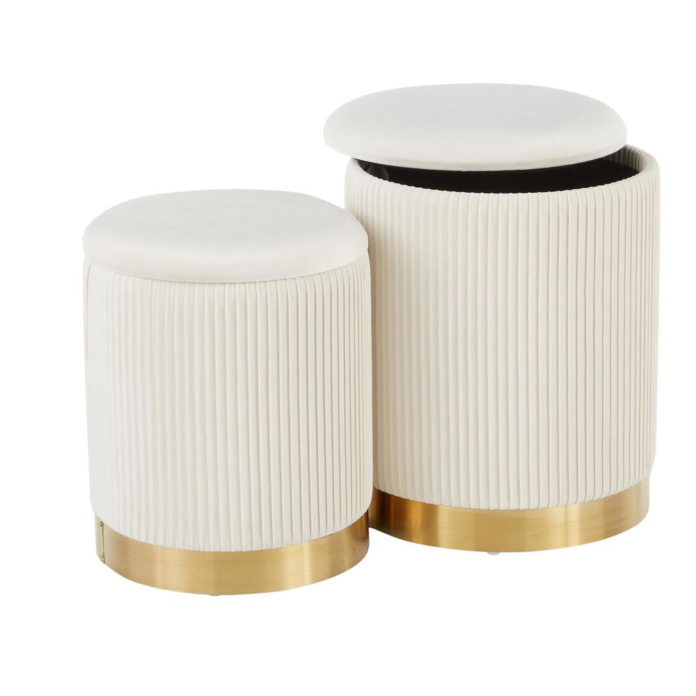 Gold Metal, Cream Velvet Marla Nesting Pleated Ottoman Set
