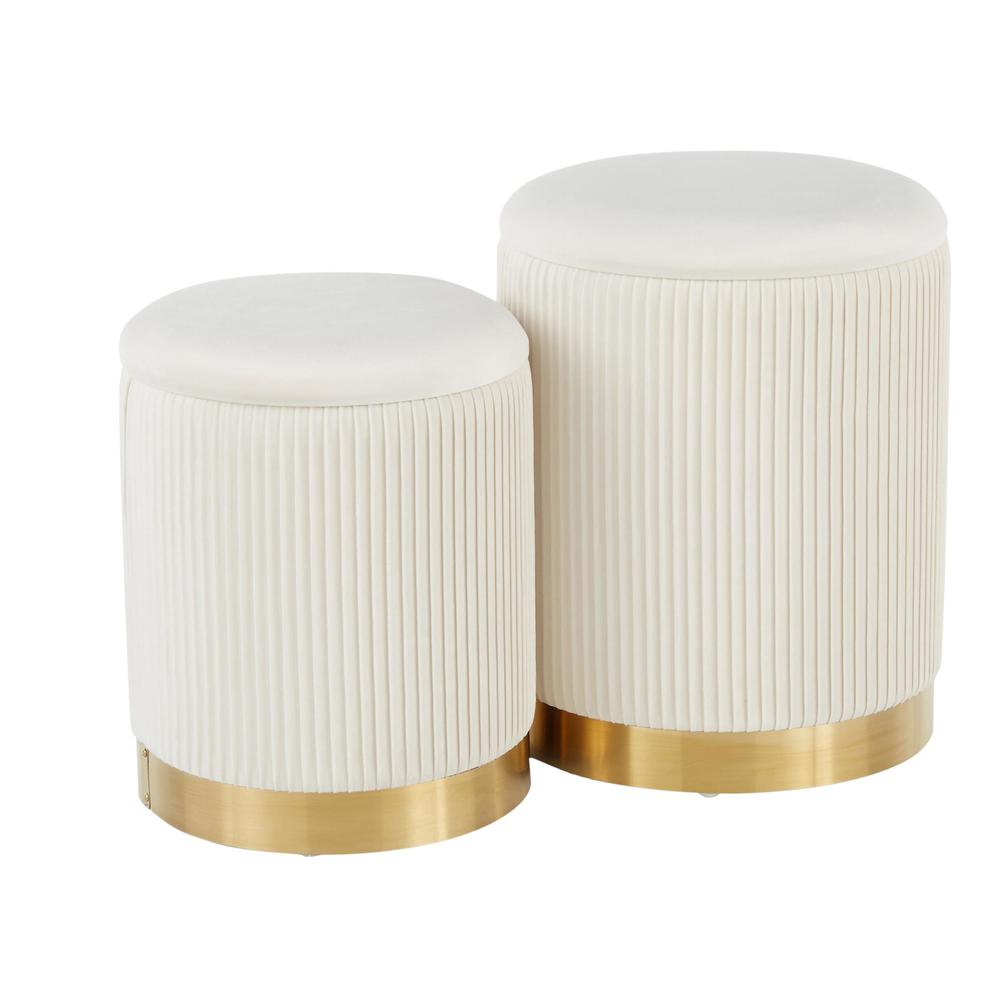 Gold Metal, Cream Velvet Marla Nesting Pleated Ottoman Set
