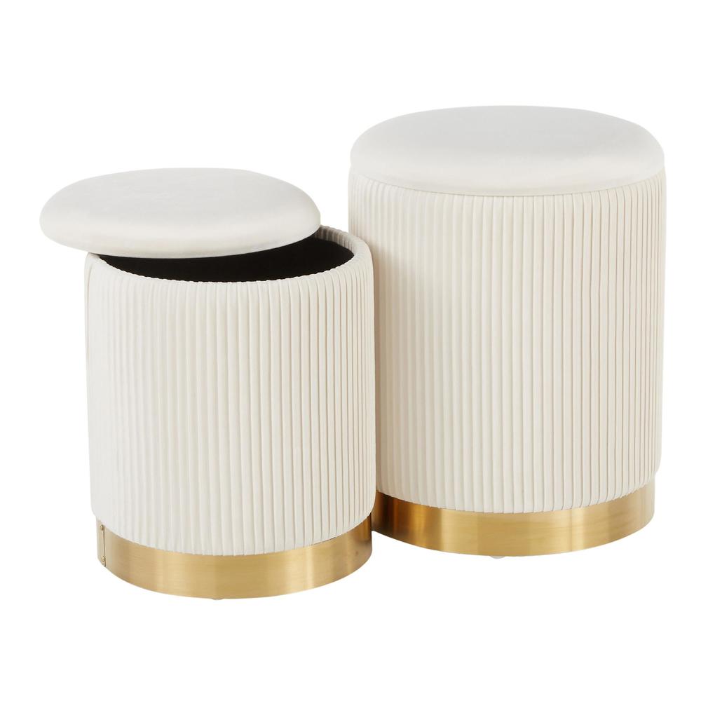 Gold Metal, Cream Velvet Marla Nesting Pleated Ottoman Set