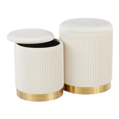 Gold Metal, Cream Velvet Marla Nesting Pleated Ottoman Set