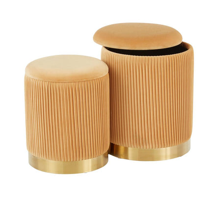 Gold Metal, Orange Velvet Marla Nesting Pleated Ottoman Set