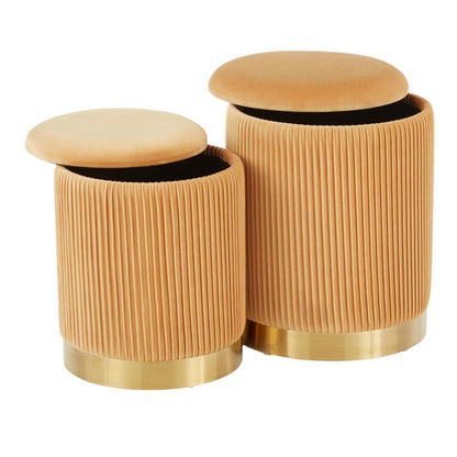 Gold Metal, Orange Velvet Marla Nesting Pleated Ottoman Set