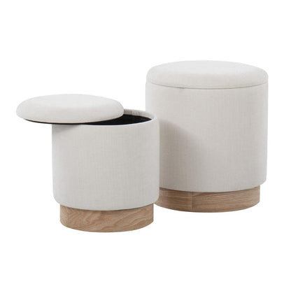 Natural Wood, Cream Fabric Marla Nesting Ottoman Set