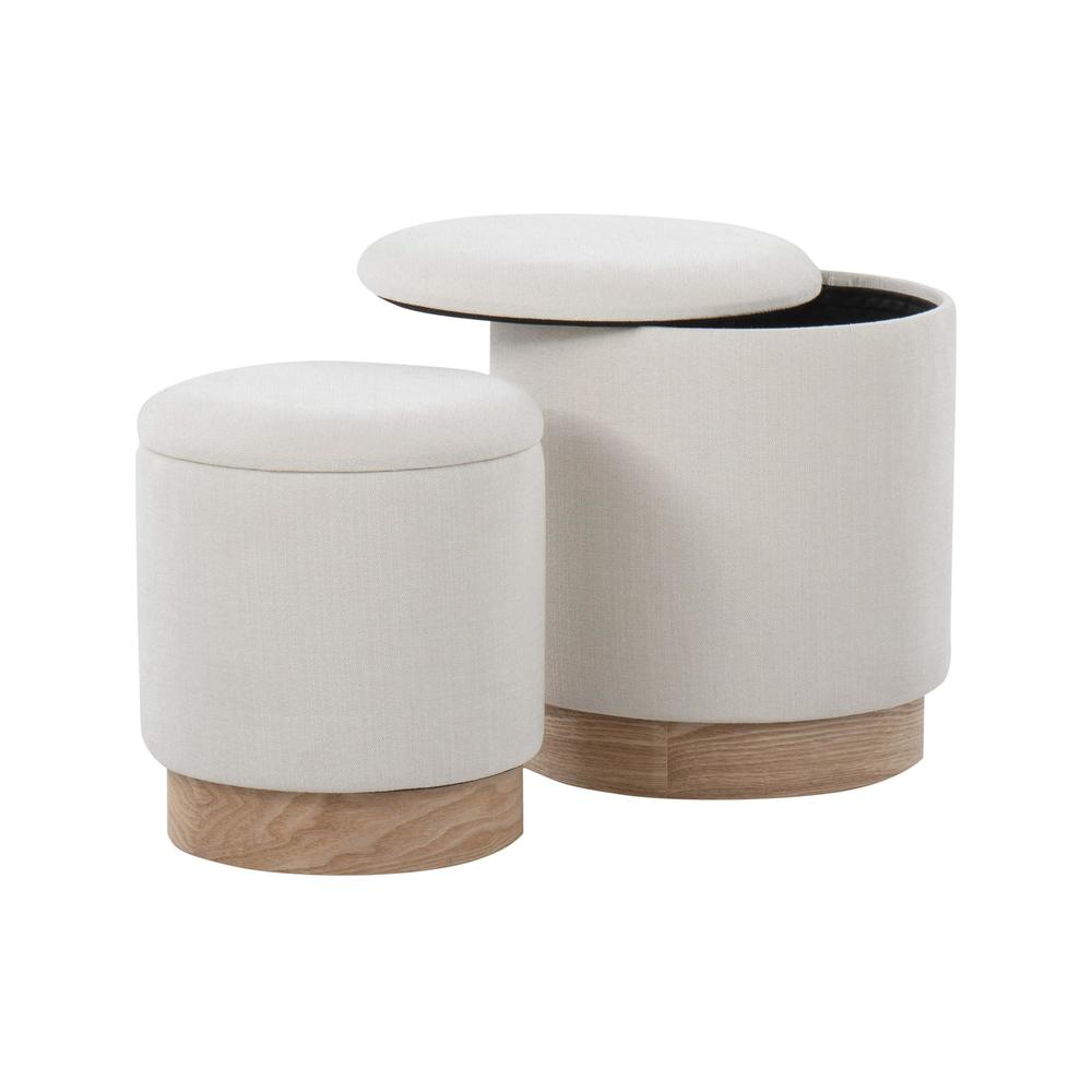 Natural Wood, Cream Fabric Marla Nesting Ottoman Set