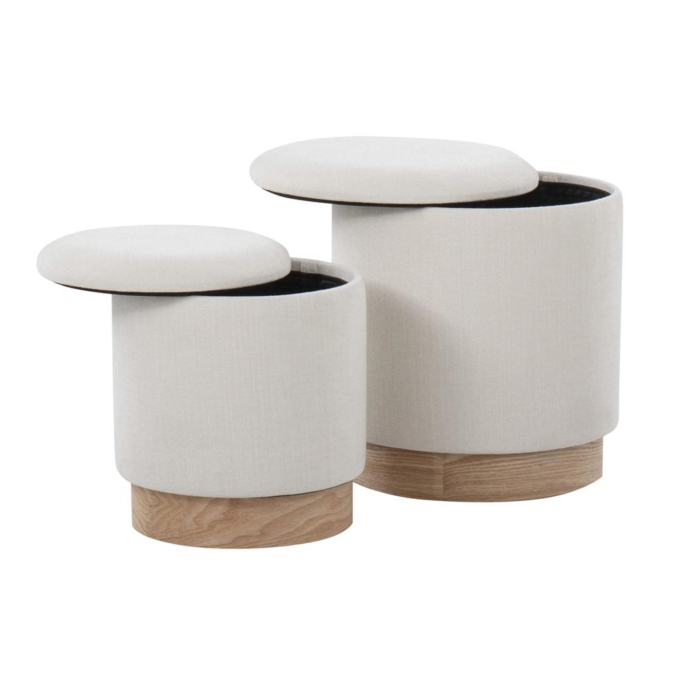 Natural Wood, Cream Fabric Marla Nesting Ottoman Set