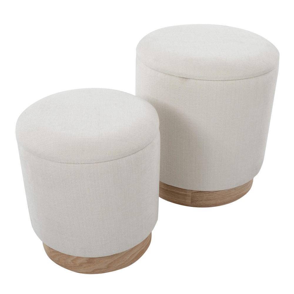 Natural Wood, Cream Fabric Marla Nesting Ottoman Set