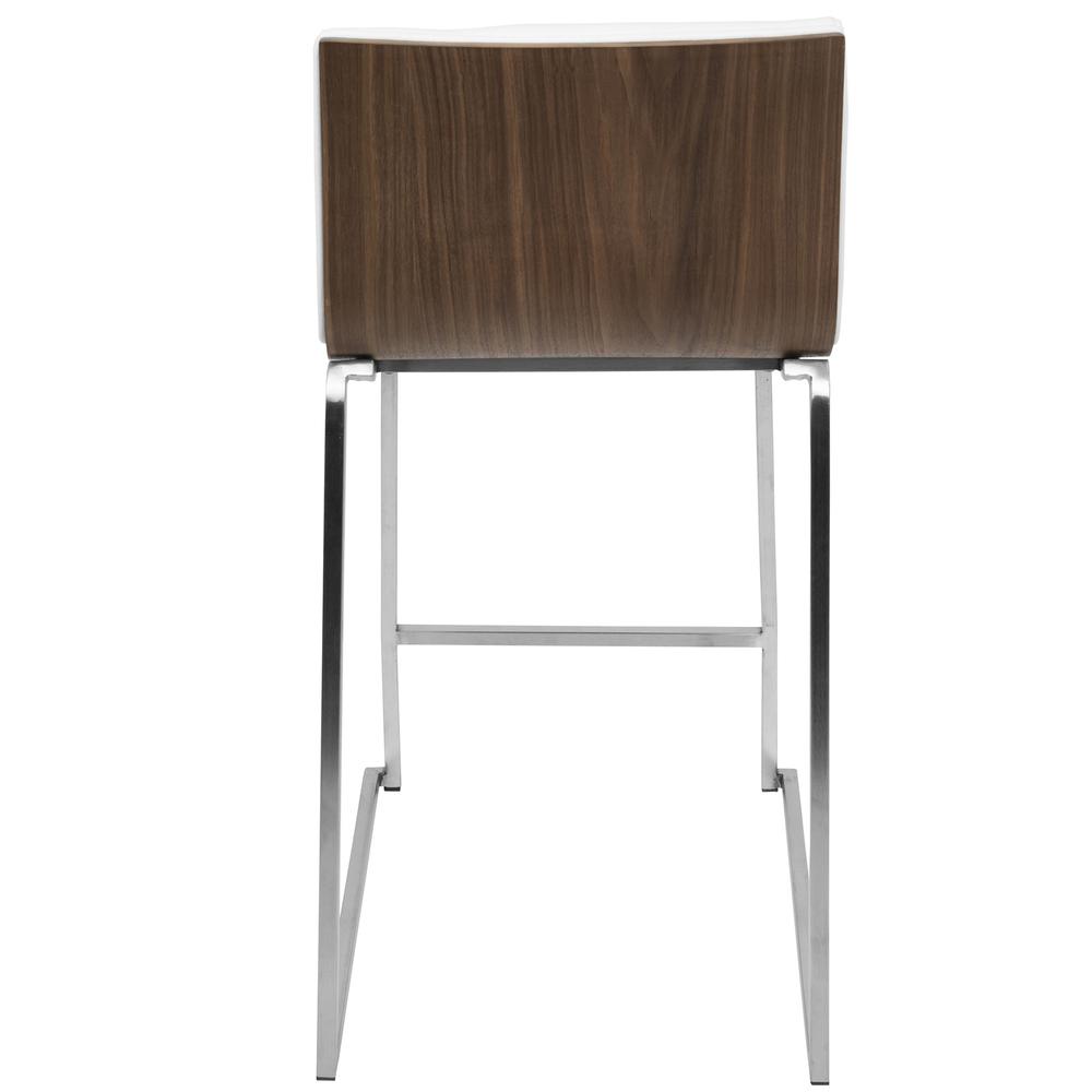 Mara 26" Contemporary Counter Stool in Brushed Stainless Steel, Walnut Wood, and White Faux Leather - Set of 2