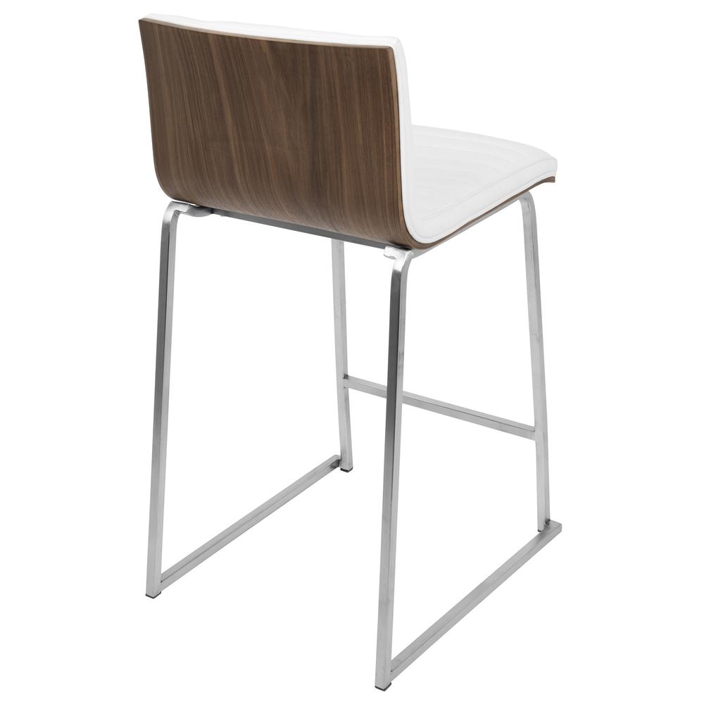 Mara 26" Contemporary Counter Stool in Brushed Stainless Steel, Walnut Wood, and White Faux Leather - Set of 2
