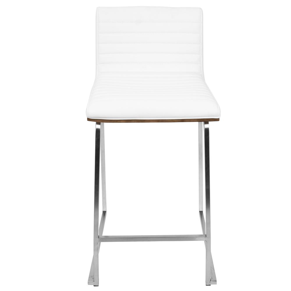 Mara 26" Contemporary Counter Stool in Brushed Stainless Steel, Walnut Wood, and White Faux Leather - Set of 2