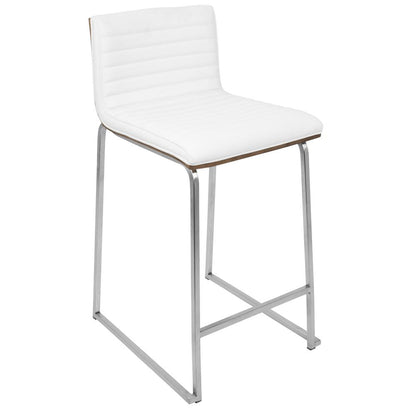 Mara 26" Contemporary Counter Stool in Brushed Stainless Steel, Walnut Wood, and White Faux Leather - Set of 2