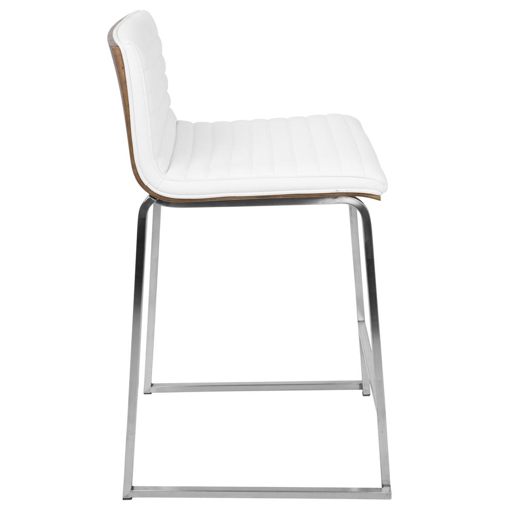 Mara 26" Contemporary Counter Stool in Brushed Stainless Steel, Walnut Wood, and White Faux Leather - Set of 2