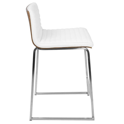 Mara 26" Contemporary Counter Stool in Brushed Stainless Steel, Walnut Wood, and White Faux Leather - Set of 2