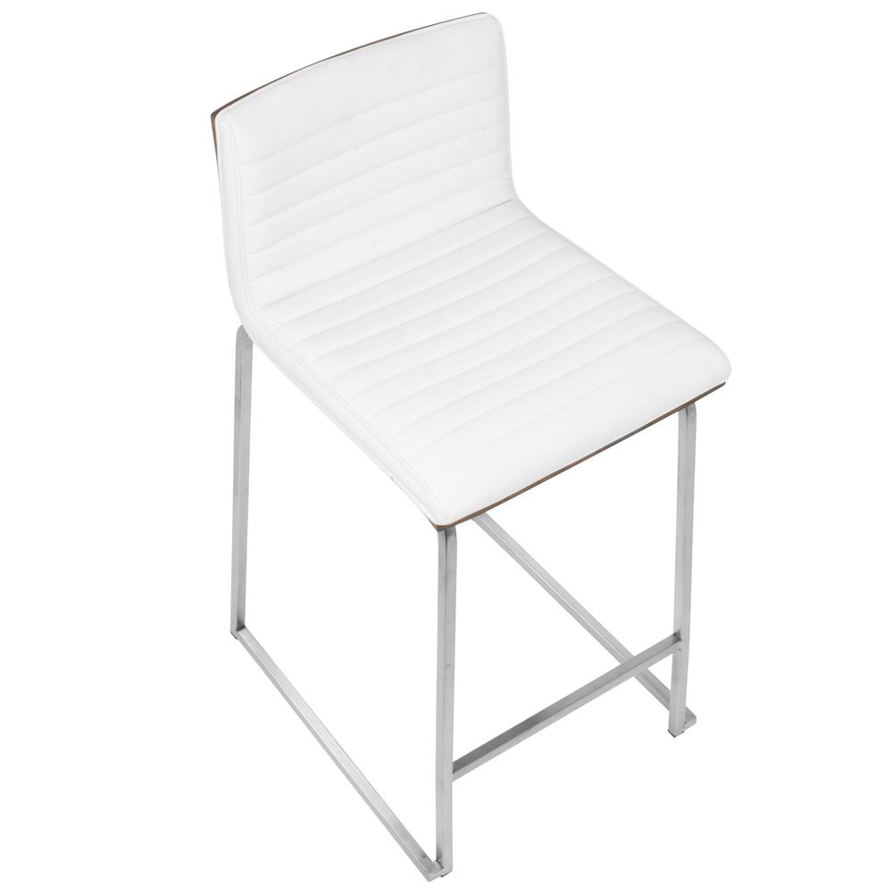 Mara 26" Contemporary Counter Stool in Brushed Stainless Steel, Walnut Wood, and White Faux Leather - Set of 2