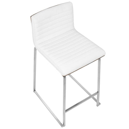 Mara 26" Contemporary Counter Stool in Brushed Stainless Steel, Walnut Wood, and White Faux Leather - Set of 2