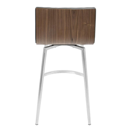 Mason Contemporary Swivel Counter Stool in Stainless Steel, Walnut Wood, and Grey Faux Leather - Set of 2