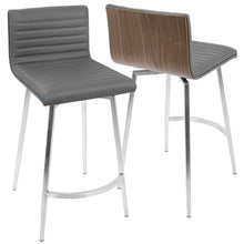 Mason Contemporary Swivel Counter Stool in Stainless Steel, Walnut Wood, and Grey Faux Leather - Set of 2