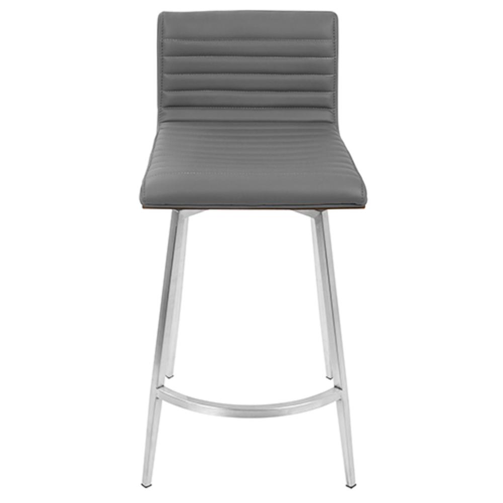 Mason Contemporary Swivel Counter Stool in Stainless Steel, Walnut Wood, and Grey Faux Leather - Set of 2