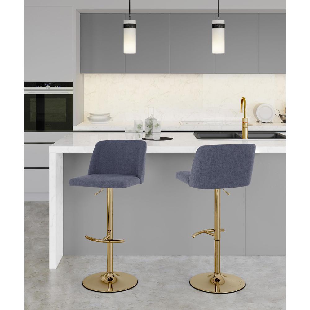 Blue Fabric, Gold Metal Toriano Adjustable Barstool - Set of 2