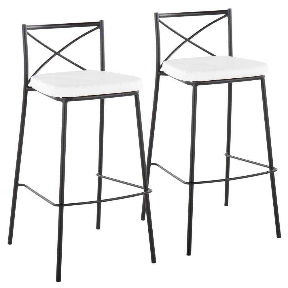 Black Metal, White PU Modern Charlotte 30" Fixed-Height Barstool - Set of 2