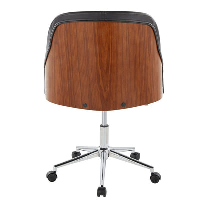 Bacci Office Chair in Chrome Metal, Walnut Wood, Black PU color